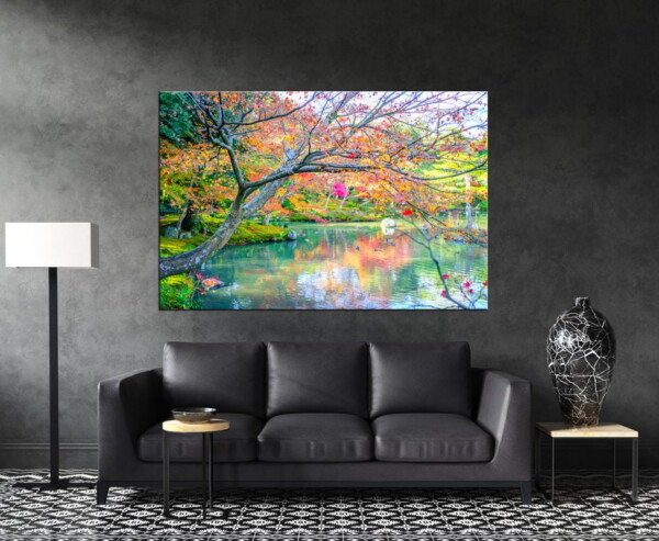 עץ פורח באגם קסום בתחילת האביב בתמונה, בסלון כהה, מייצרת תחושת רוגע ויופי עם ניגודיות חזקה.