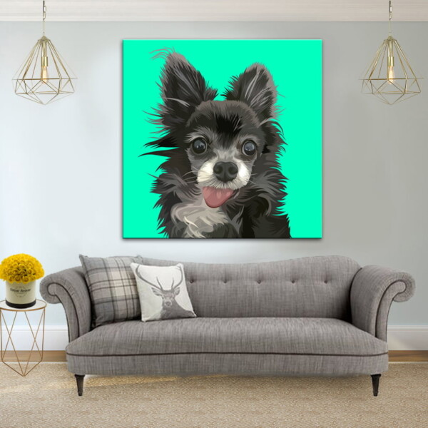 תמונה של כלבלב מוציא לשון על רקע ירוק, תלויה בסלון בהיר, מביאה אווירה חמה ושמחה עם עיצוב מודרני ומקסים.