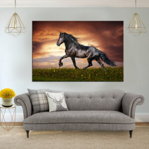 סוס שחור דוהר על רקע שקיעה כתומה, מתפרץ בעוצמה מול צבעי הערב הקסומים.