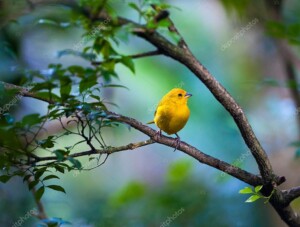 ציפור צהובה יושבת על ענף עץ ביום מעונן_52482619