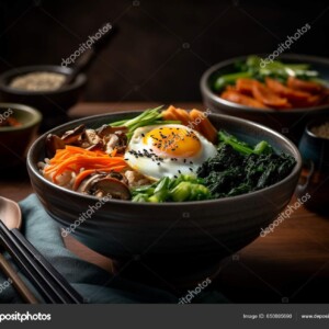קערת אוכל עם ביצים על שולחן בצבעים כהים_650885690