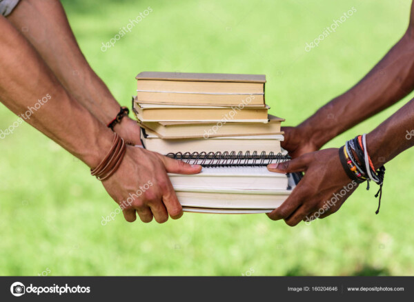 שני תלמידים מחזיקים ביחד ספרים בחצר_160204646
