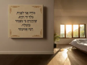 ברכת "מודה אני" מודפסת על קנבס.